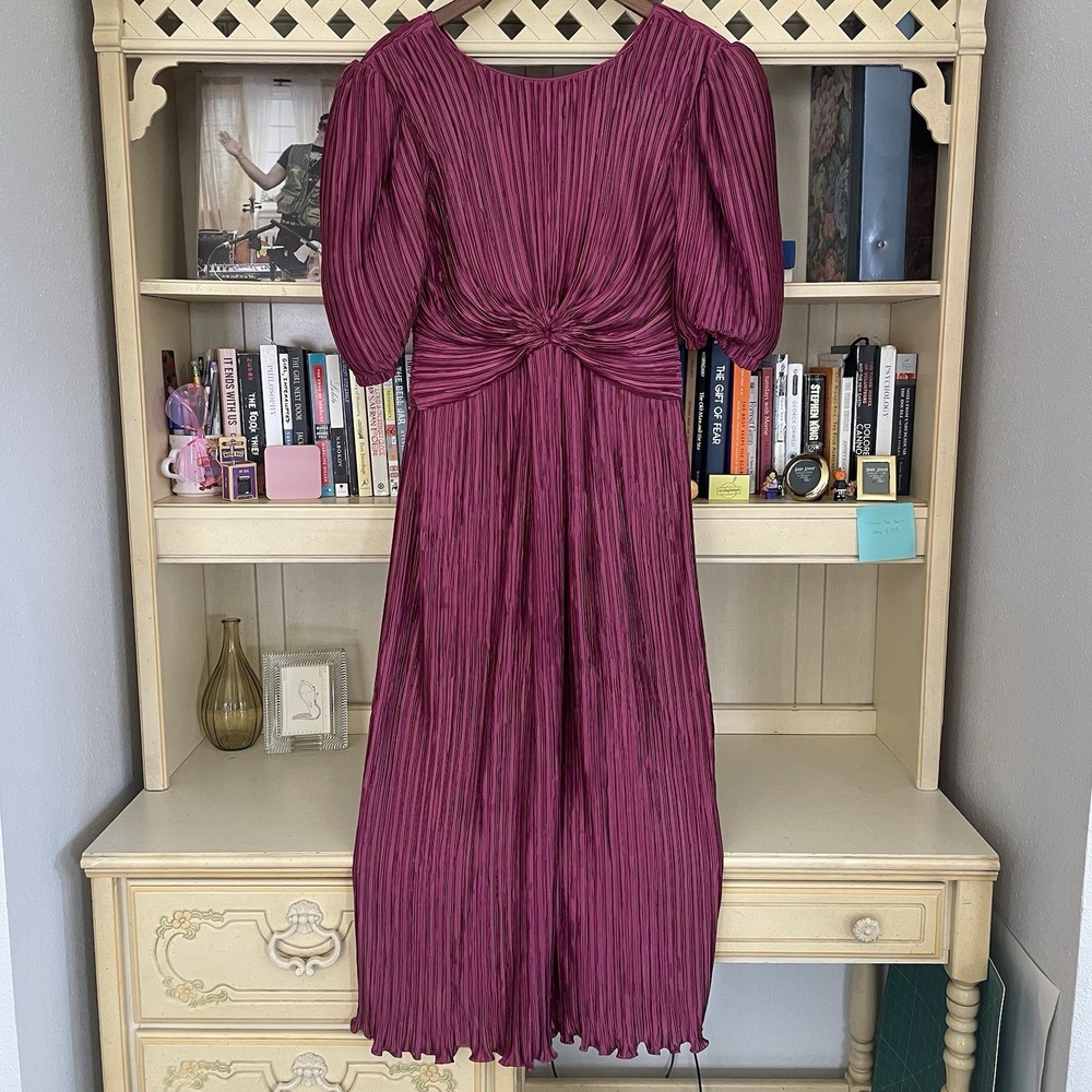 GEORGE F COUTURE Vintage Raspberry Pleated Evening Dress Sz 10 Puff Sleeves